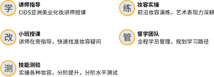学 讲师指导 CIDS亚洲美业化妆讲师授课
练 妆容实操 前沿妆容演练，艺术表现力深耕 改 小班授课 讲师在旁指导，快速找准妆容疑问 管 督学团队 全程学员管理，规划学习路径 测 技能测验 实操各种妆容，分阶提升，分阶水平测试