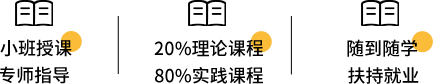 小班授课   专师指导     20%理论课程   80%实践课程    随到随学   扶持就业   